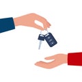 Dealer hand giving keys chain to a buyer hand. Buying or renting a car. Vector illustration Royalty Free Stock Photo