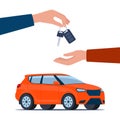 Dealer hand giving keys chain to a buyer hand. Red modern Suv car, side view. Buying or renting a car. Vector illustration