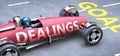 Dealings helps reaching goals, pictured as a race car with a phrase Dealings on a track as a metaphor of Dealings playing vital