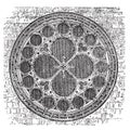 Dean`s eye rose window in the North Transept of Lincoln Cathedral, England. Old engraving