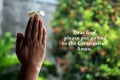 Dear God, please put an end to the Coronavirus. Amen. With young woman clenched hands holding flower in prayer gesture. Royalty Free Stock Photo