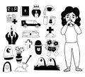 Death, funeral, cemetery with graves, hearse, coffin and an unfortunate heartbroken woman. Isolated vector hand drawings