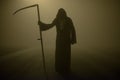 Death grim Reaper skeleton wearing a black robe and wielding a scythe, Memento Mori, Coronavirus, Epidemic Pandemic Time