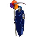 Death with hourglass, scythe and colorful balloons. Halloween cartoon character.