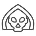 Death line icon. Grim reaper skull, creepy demon face in hood. Halloween party vector design concept, outline style