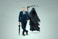 Death with a scythe near a businessman in a suit. Economic crisis, bankruptcy, end of economy, mortgage, credit, default