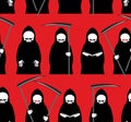 Death seamless pattern. Grim Reaper red background. Texture for
