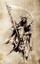 Death. Sketch of tattoo art, warrior at horse
