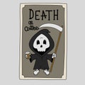 Death tarot card, Halloween funny character with coffee cup, Cute esoteric card Royalty Free Stock Photo