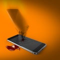Death of technology: dead broken smartphone with soul passing