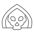 Death thin line icon. Grim reaper skull, creepy demon face in hood. Halloween party vector design concept, outline style