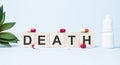 DEATH word made with building blocks. A row of wooden cubes with a word written in black font is located on white background Royalty Free Stock Photo