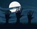 Death zombie hands and fullmoon at night scene