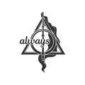 Deathly Hallows, a symbol from the Harry Potter book with the inscription always. A magic wand, a resurrection stone and an