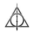 Deathly Hallows, a symbol from the Harry Potter book. A magic wand, a resurrection stone, and a cloak of invisibility. Vector