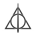 The Deathly Hallows, a symbol from the Harry Potter book. A magic wand, a resurrection stone, and a cloak of invisibility. Vector