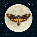 Deaths head hawkmoth on the full Moon background. Halloween decoration. Skull moth butterfly design for tattoo, t shirt