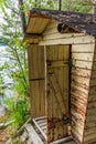 Deatil of an old wooden changing cabin on the shore of the Saimaa lake in Finland - 3