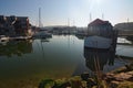 Yacht in the port of Deauville, Calvados departement in the Normandy region in France. Early morning view Royalty Free Stock Photo