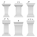 Debate podium. Empty tribune for speaker, election white stand with microphone, public politic pedestal 3d realistic Royalty Free Stock Photo