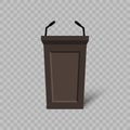 Debate podium. Rostrum or wooden tribune for speaker. Realistic 3D stage. Vector interview or presentation concept