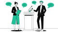 Debate or Presentation Scene Two Business Professionals with Speech Bubbles, Podium and Microphone for Discussion. Royalty Free Stock Photo
