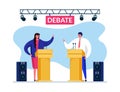 Debate speach vote vector illustration. Man woman having dispute in order attract voters their side. Speakers raise