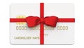 Debit plastic card or credit card, tied with a red bow and ribbons. 3D render of blank white template for mock up and