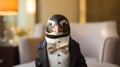 a debonair penguin in a tuxedo, complete with a bow tie and cufflinks