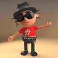 Debonair punk rock cartoon character wearing a trilby pork pie hat, 3d illustration