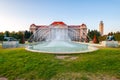 Debrecen University building, beautiful and unique construction at sunset