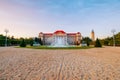 Debrecen University building, beautiful and unique construction at sunset