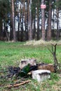 Debris and extinguished bonfire in the woods