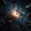 Debris scatters in space, aftermath of a colossal celestial explosion