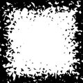 Debris and shatters in square shape frame. Black broken pieces, specks, speckles, particles, shivers. Abstract explosion