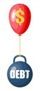 Debt ball chained to balloon with dollar sign.