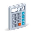 Debt concept, calculator with debt lettering isolated on white b