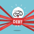 Debt concept cartoon illustration with a man wrapped up in red tape