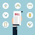 Debt concept. Paying bills. Hand holding bills with icons. Royalty Free Stock Photo