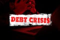 Debt crisis, Stressed businessman with debt and financial failure
