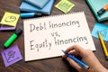 Debt financing vs. equity financing are shown on the photo using the text Royalty Free Stock Photo