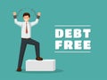 Debt free flat vector banner template. Cheerful man with broken chains celebrating financial independence with