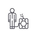 Debt problems,man with dynamite bomb vector line icon, sign, illustration on background, editable strokes