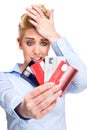 Debt Problems Stressed Woman Holding Credit Cards Royalty Free Stock Photo