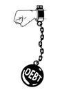 Debt shackles, weight metal ball with chain on wrist, prisoner fetter, debtor encumbrance concept