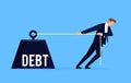 Debtor. Businessman is pulling a huge weight with a debt.