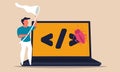 Debugging code software and search bug error from screen laptop. Source datum testing and fixing vector illustration concept. Royalty Free Stock Photo