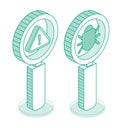 Debugging. Magnifying glass with bug and exclamation mark isolated on white background. Isometric outline objects. Debug code.