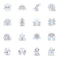 Debuting business line icons collection. Launch, Unveiling, Inauguration, Premiere, Introduction, Debut, Opening vector