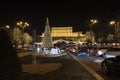 12 DEC 2017 Christmas Market at the Palace of the Parliament Bucharest Romania, Decoration and Christmas tree, many lights and tra Royalty Free Stock Photo